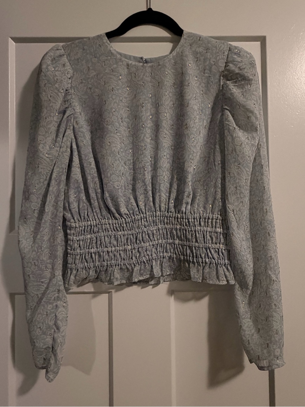 Express Pale Blue Puff Sleeve Smocked Waist Blouse